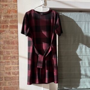 Steve Madden Burgundy and Black Plaid Tie-Waist Mini Dress